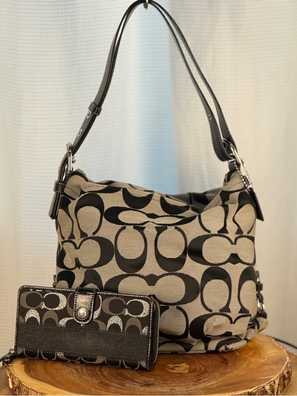 COACH Black & Gray Jacquard Hobo Bag + Coordinating Zip-Around Wallet
